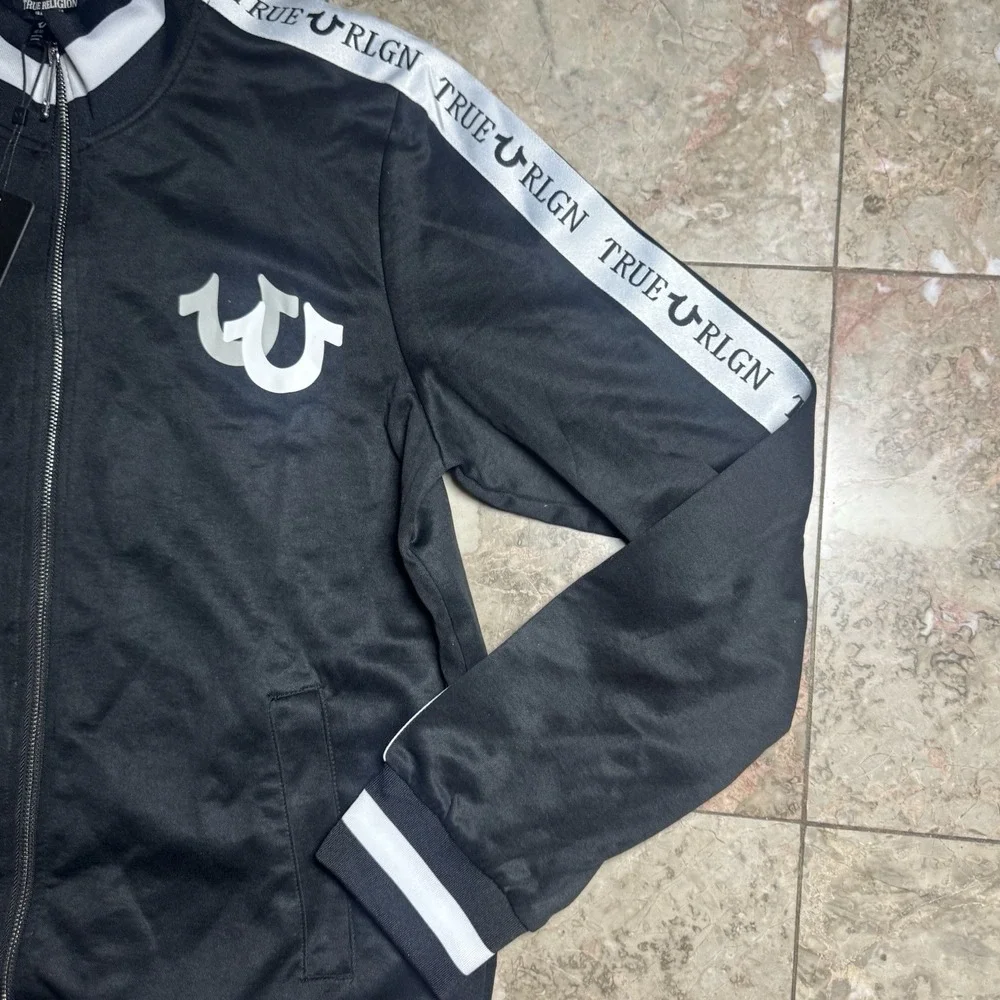 True Religion Tape Track Jacket Mens M Black Full Zip Logo NWT Style 506950
